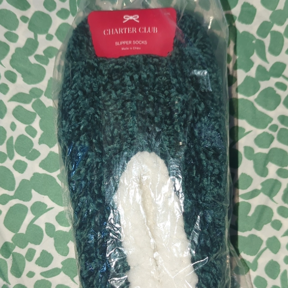 Charter Club Teal Knit Plush Slipper Socks with White Sherpa And Holiday Lane